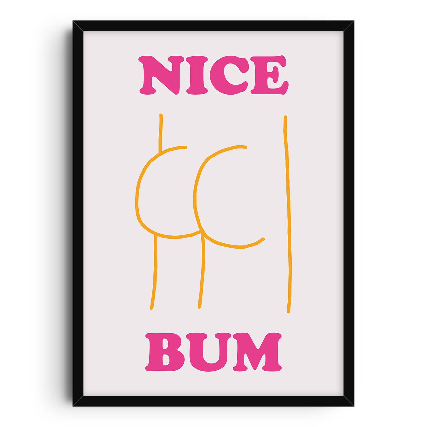 Minimalist art print featuring a humorous abstract line drawing of a bum with colorful typography stating "Nice Bum," ideal for playful home and bathroom decor.