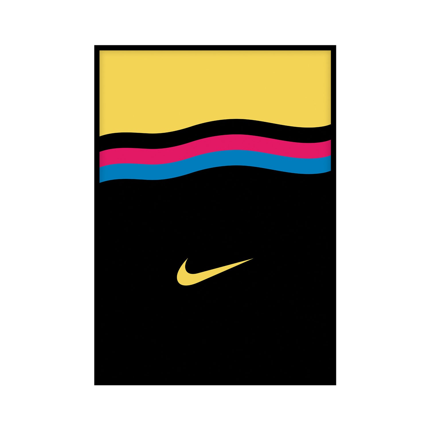 Vibrant Nike poster with yellow, pink, and blue waves on a black background, featuring the iconic yellow Nike swoosh, perfect for colourful home decor and hypebeast art