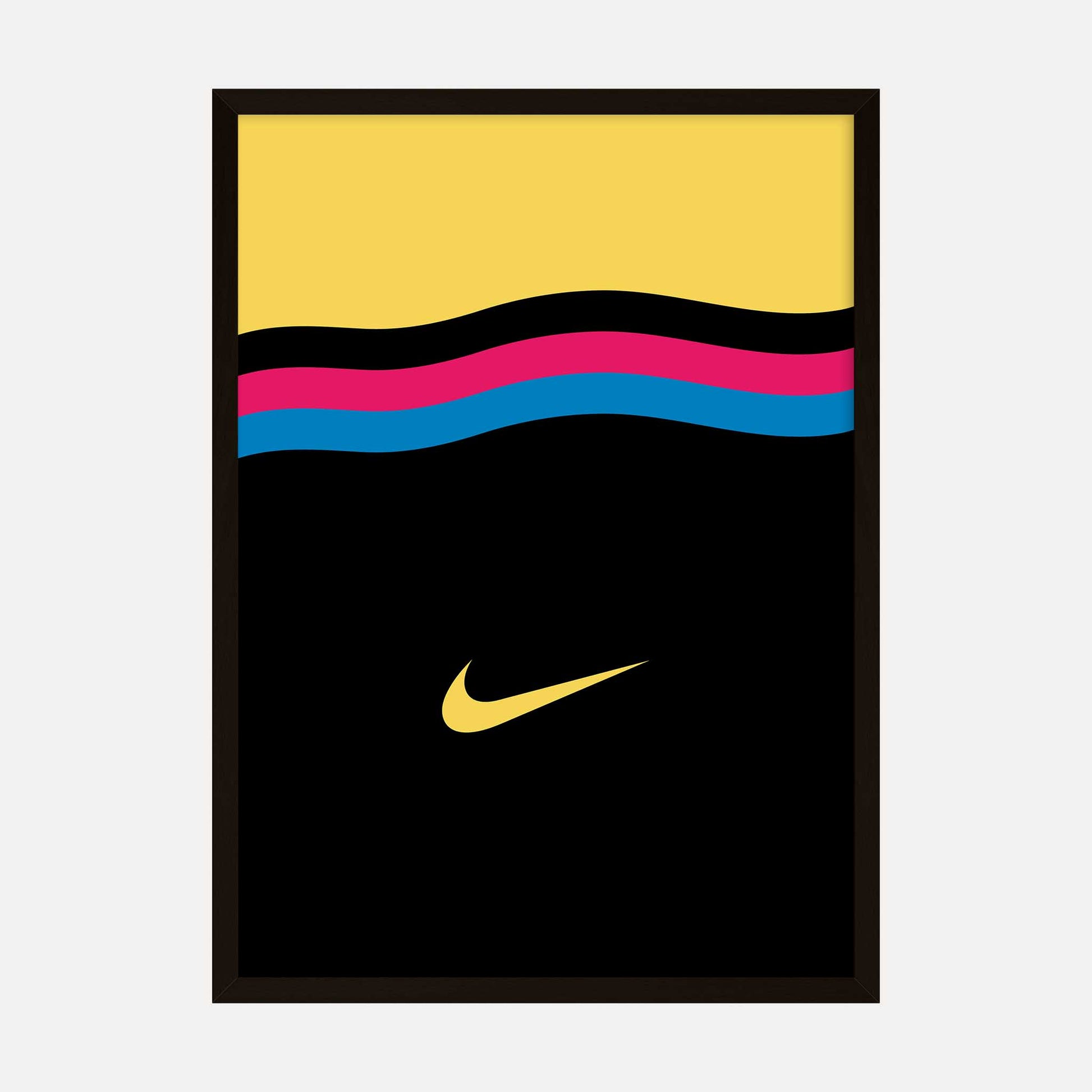 Bold graphic art print featuring colorful waves with a yellow swoosh set against a sleek black background.