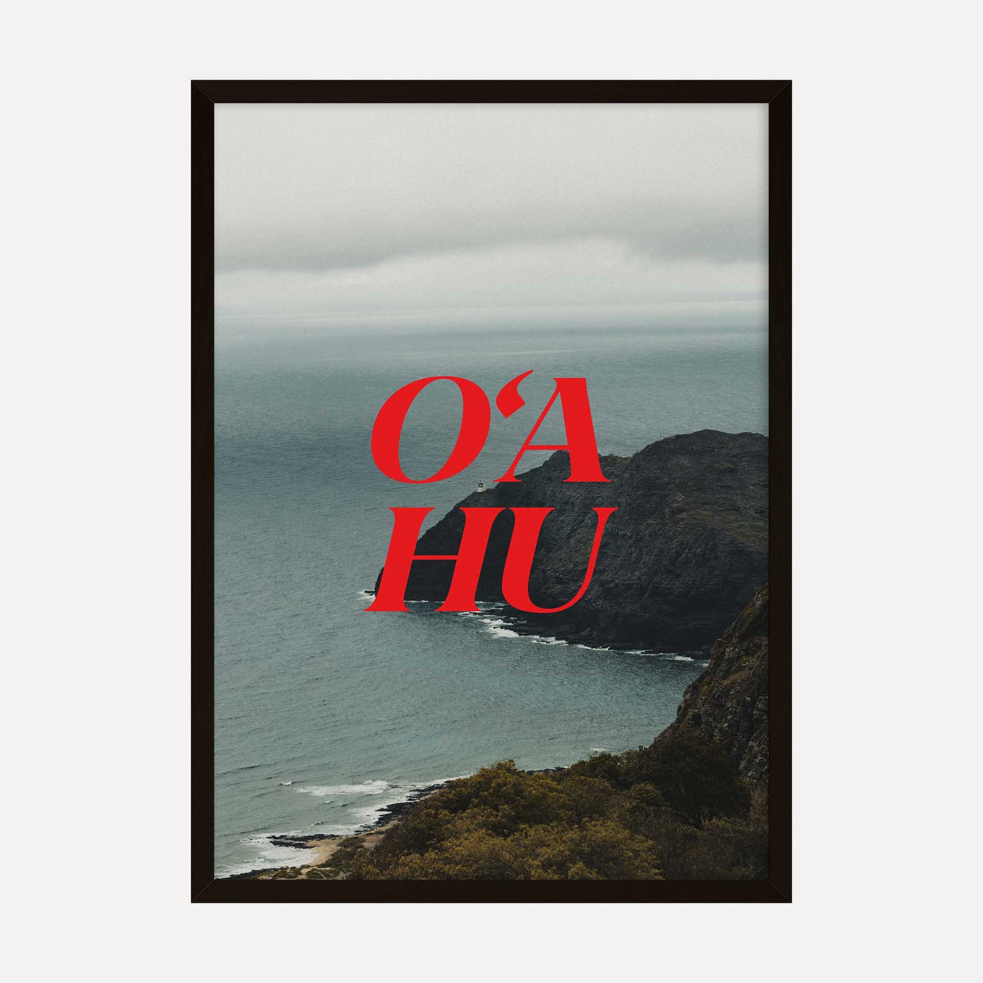 Minimalist O'ahu Island art print with coastal landscape and bold red typography.