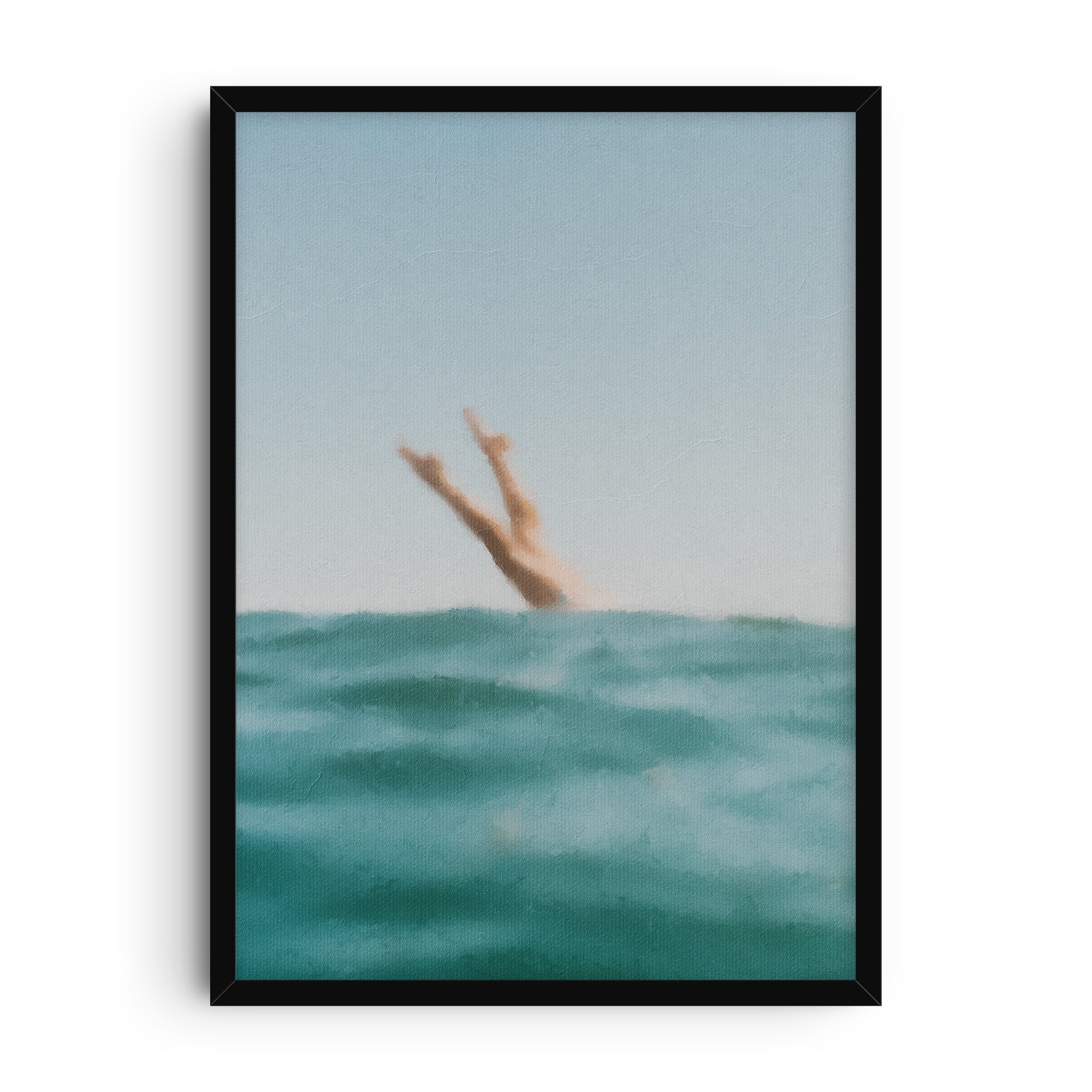 Art print showing a surreal seascape with a pair of legs diving into turquoise ocean waves under a clear sky, painted in a soft textured style.