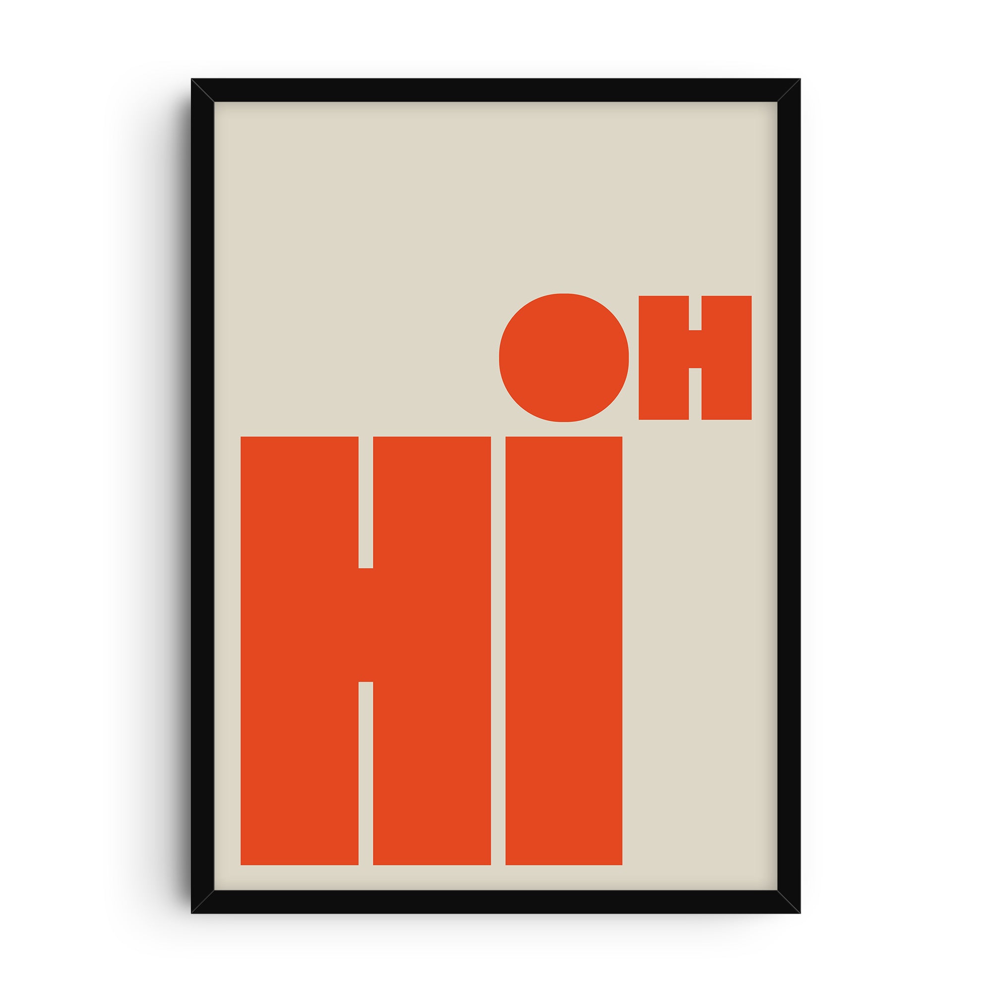 Minimalist typography art print with bold red text spelling “HI” and smaller “OH” above it on a neutral beige background, modern playful graphic style.