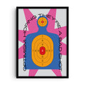 Bold conceptual art print showing a colorful shooting range silhouette target with the phrase “Optimism: Hoping they’re a bad shot” in black curved typography.