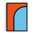 Abstract art print featuring a bold orange background with a black-outlined curved arc of blue in minimalist geometric style.