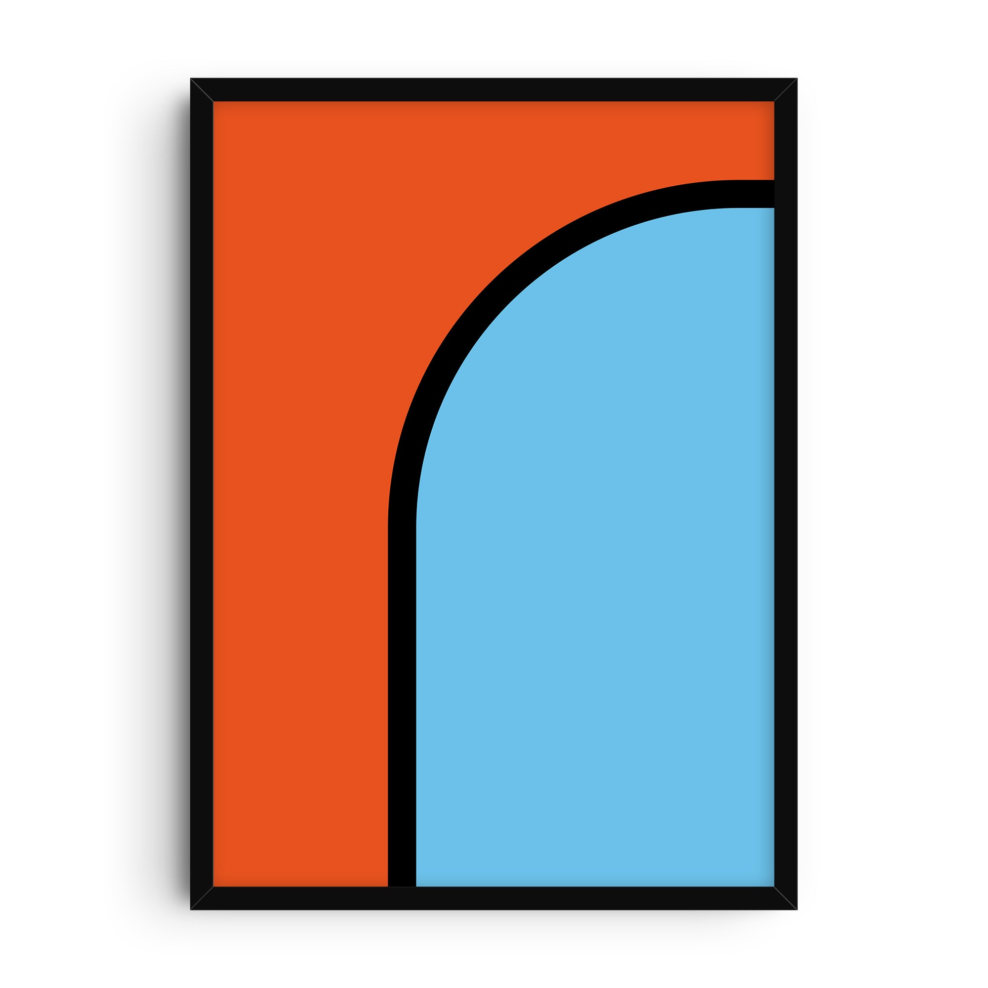 Abstract art print featuring a bold orange background with a black-outlined curved arc of blue in minimalist geometric style.
