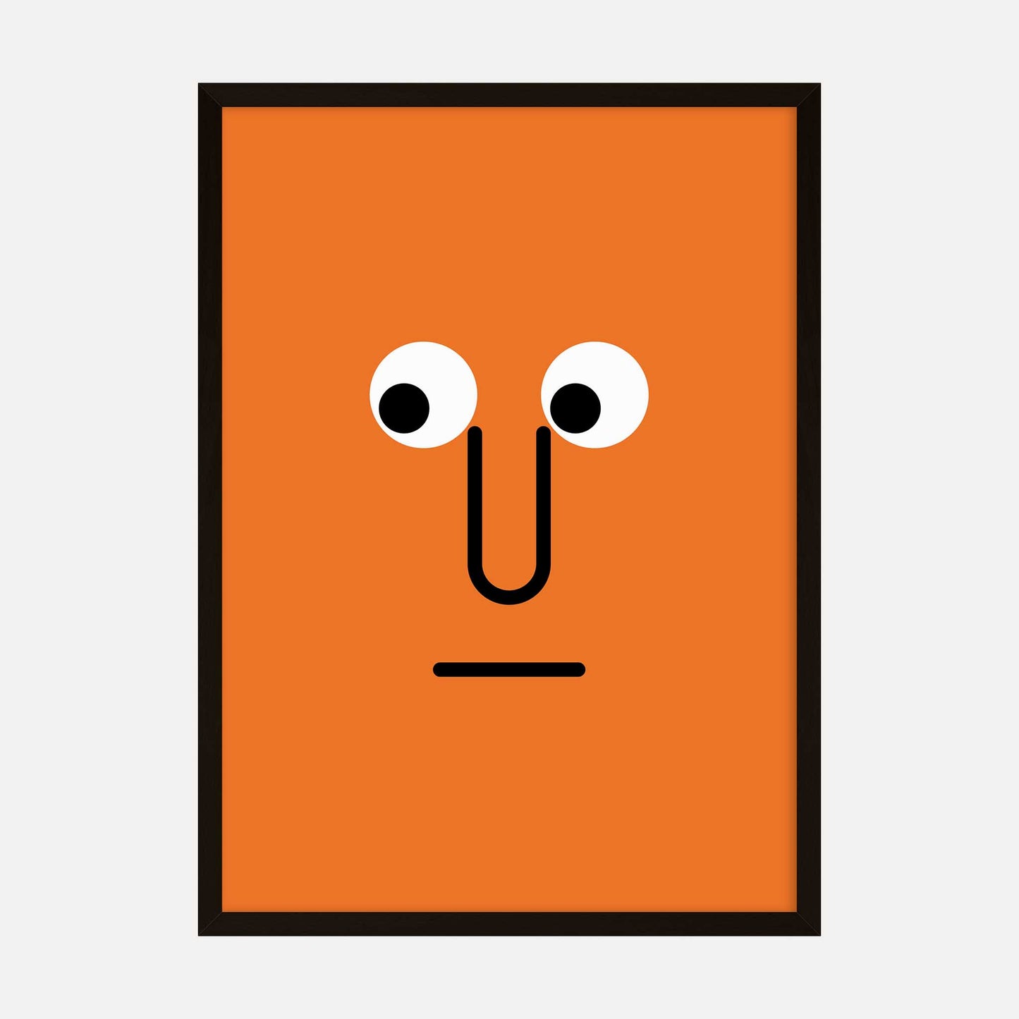 Minimalist orange face art print featuring geometric shapes on a bold orange background.