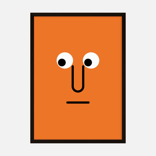 Minimalist orange face art print featuring geometric shapes on a bold orange background.