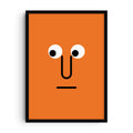 Minimalist abstract print showing a quirky face created from simple black lines and white circles on a bright orange background.
