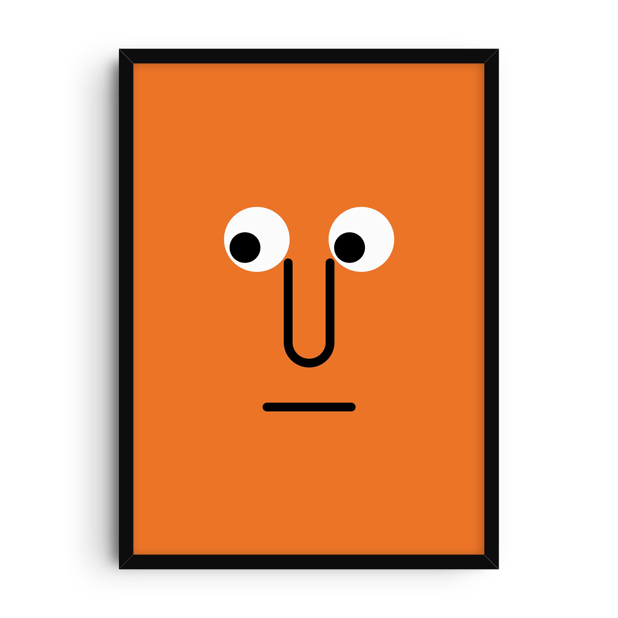Minimalist abstract print showing a quirky face created from simple black lines and white circles on a bright orange background.