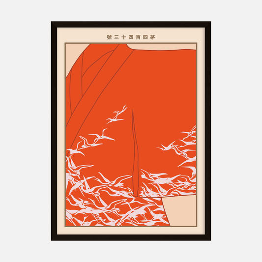 Minimalist art print featuring an orange kimono with elegant white cranes in flight, inspired by traditional Japanese aesthetics.