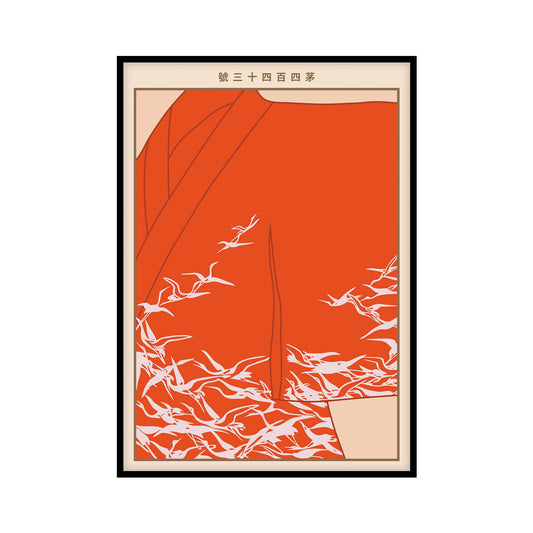 Poster featuring Illustration of an orange kimono with abstract flying cranes, based on the Yachigusa series by Seikō Ueno.