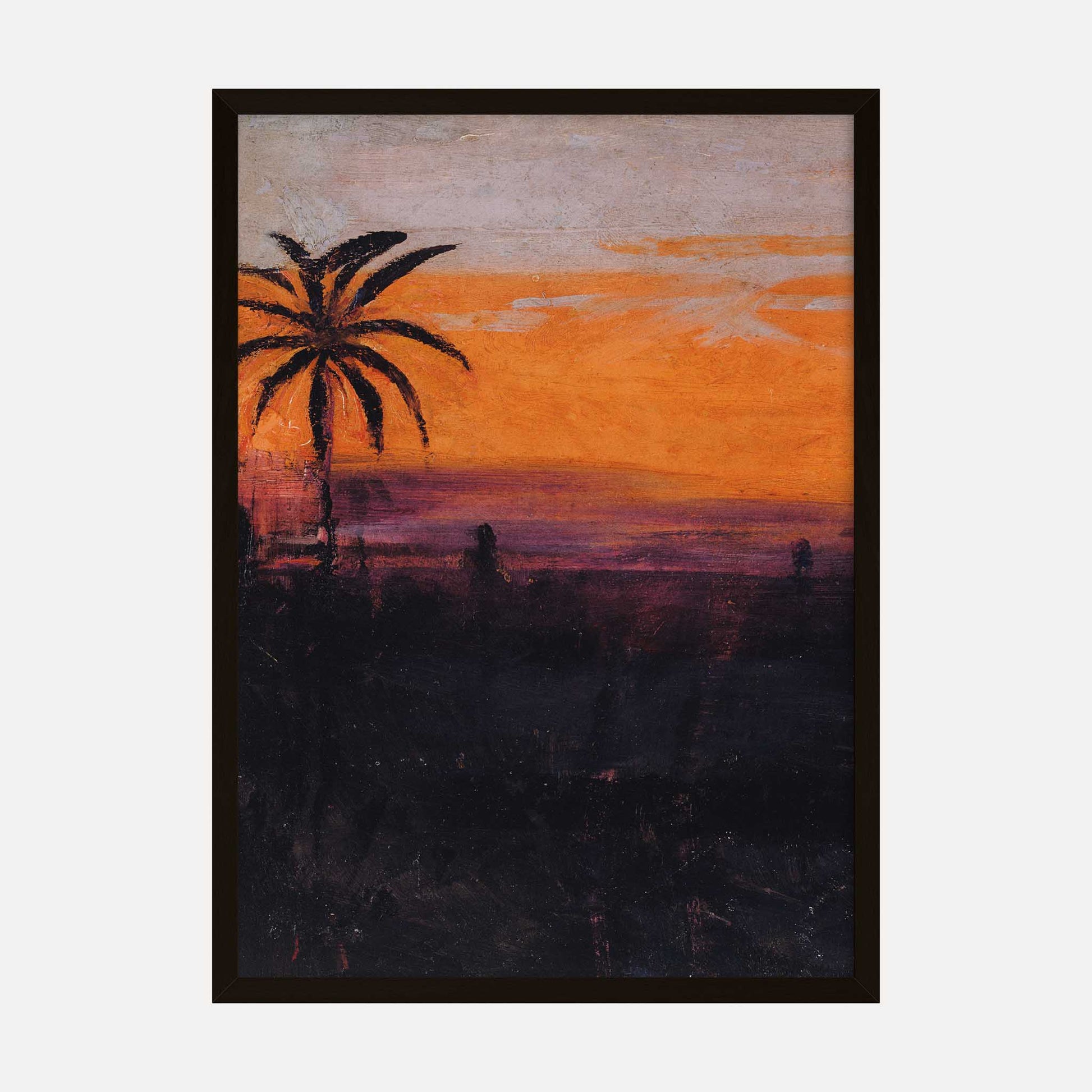 Palm tree art print by Abbott Handerson Thayer featuring a sunset with vibrant orange and purple tones and a silhouetted palm tree.