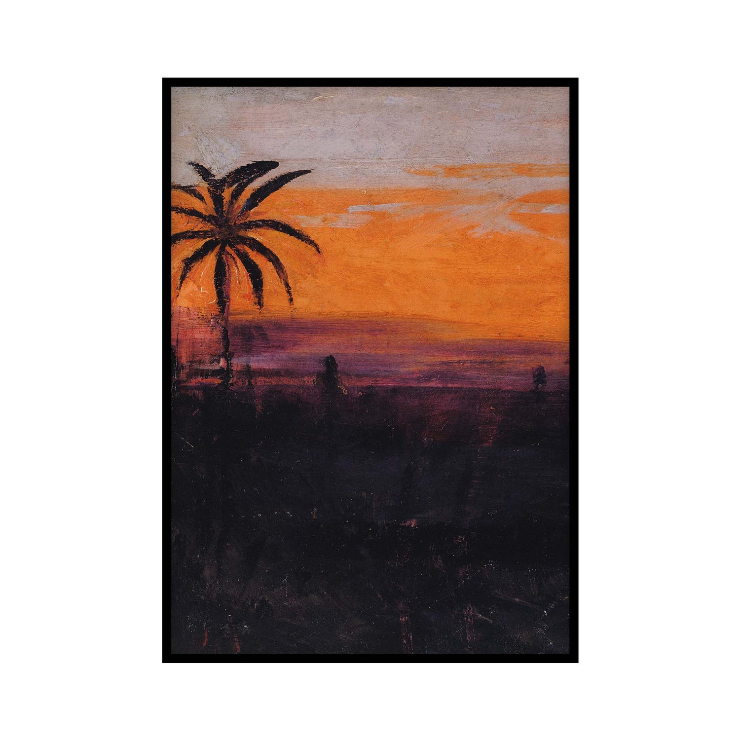 Vintage Palm Tree Poster featuring a sunset scene with a silhouetted palm tree against an orange and purple sky, a painting by Abbott Handerson Thayer, perfect for tropical wall art and vintage decor.