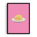 Pop-art style illustration of pancakes with butter and syrup on a white plate against a bold pink background.