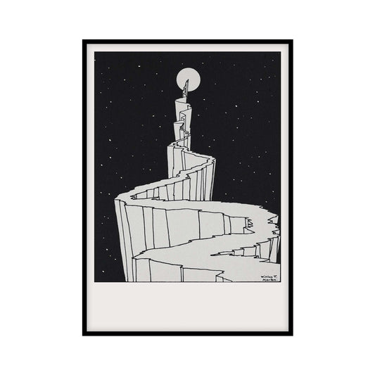 Poster with black and white illustration by William T. Horton depicting a winding path leading up to the moon against a starry night sky.