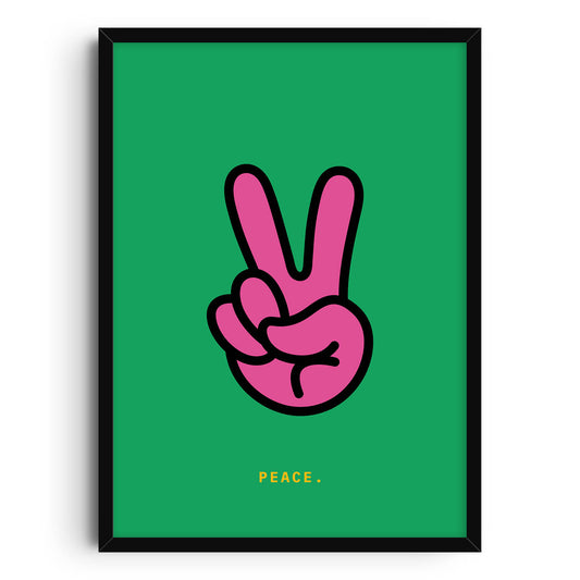 A pink cartoon-style hand outlined in black making a peace sign on a green background, with the word PEACE written in yellow at the bottom.