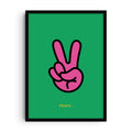 Bold illustration of a pink cartoon-style hand showing the peace sign on a green background with the word PEACE in yellow below.