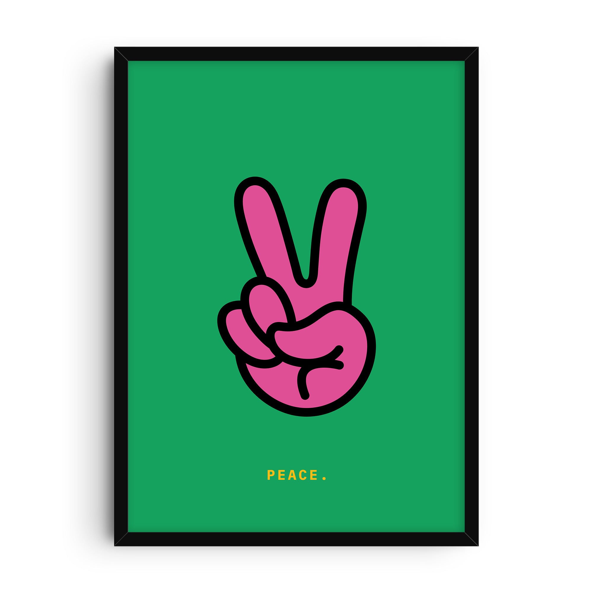 Bold illustration of a pink cartoon-style hand showing the peace sign on a green background with the word PEACE in yellow below.