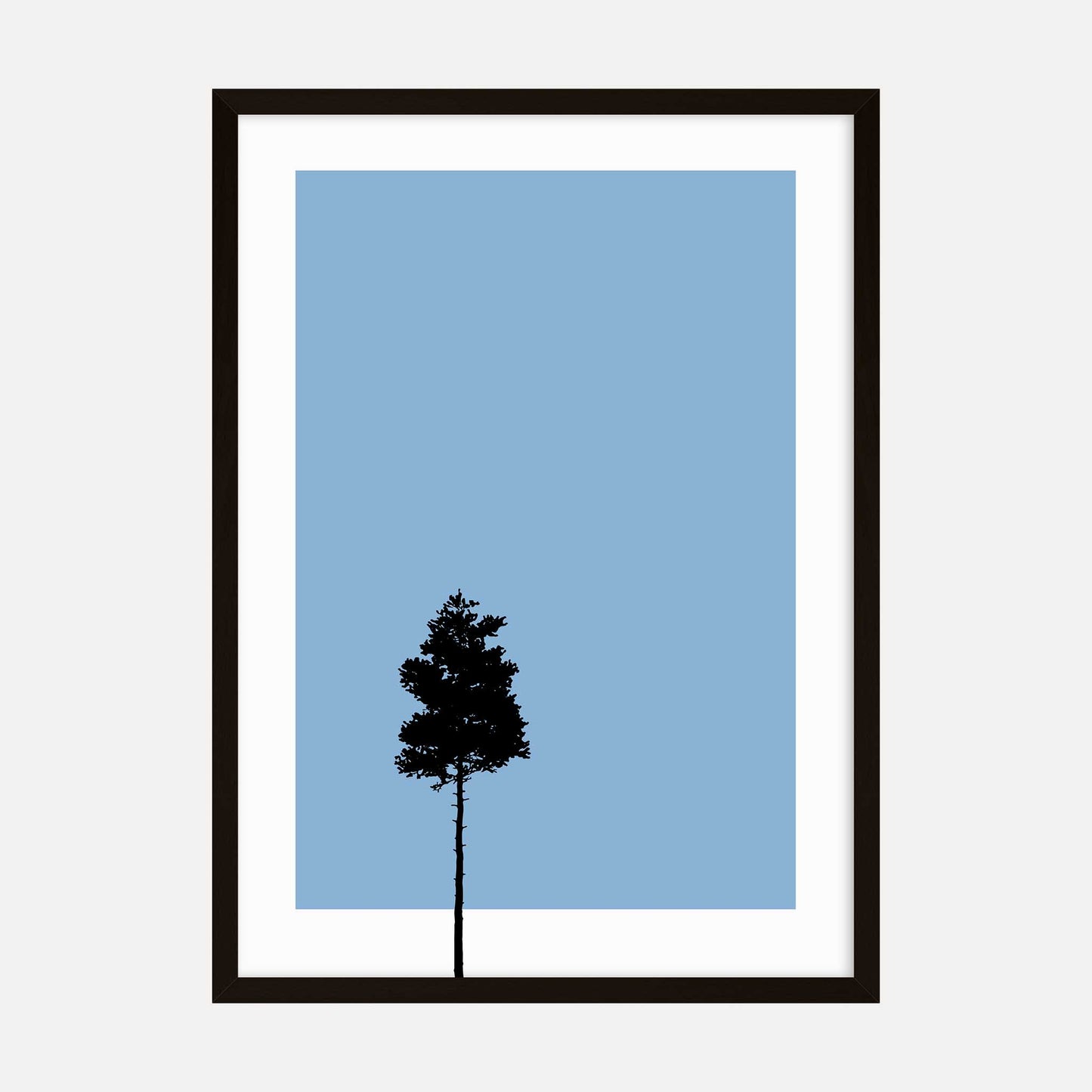 Minimalist art print featuring a black silhouette of a pine tree against a soft blue background.