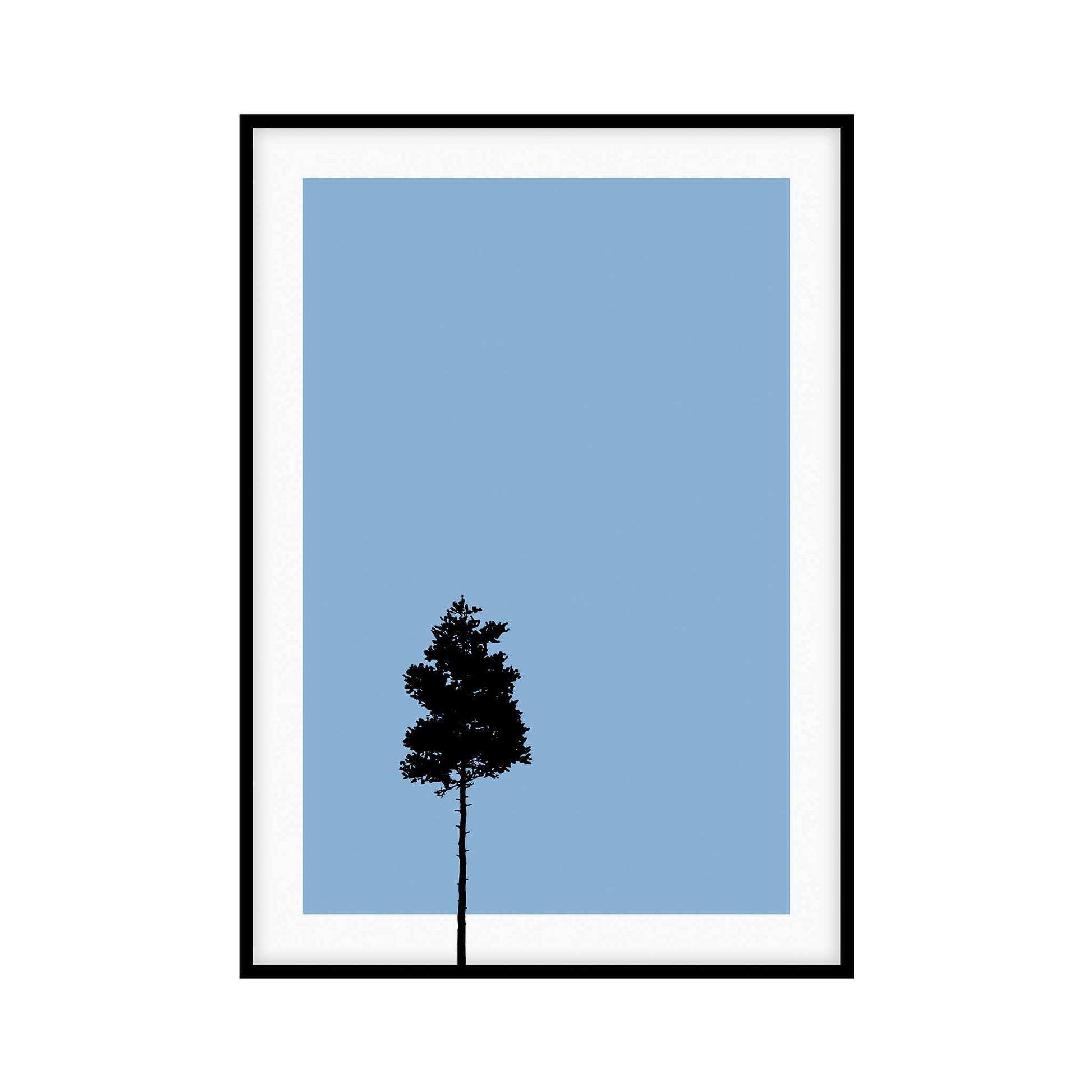 Minimalist Poster with a black pine tree silhouette against a blue background, ideal for modern nature-inspired home decor.