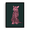 Illustration of a pink leopard with black spots sitting against a dark green background in a bold minimalist pop-art style.