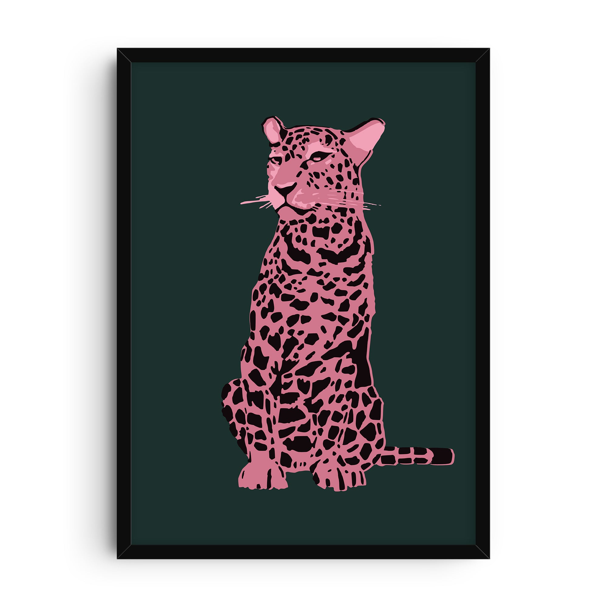 Illustration of a pink leopard with black spots sitting against a dark green background in a bold minimalist pop-art style.