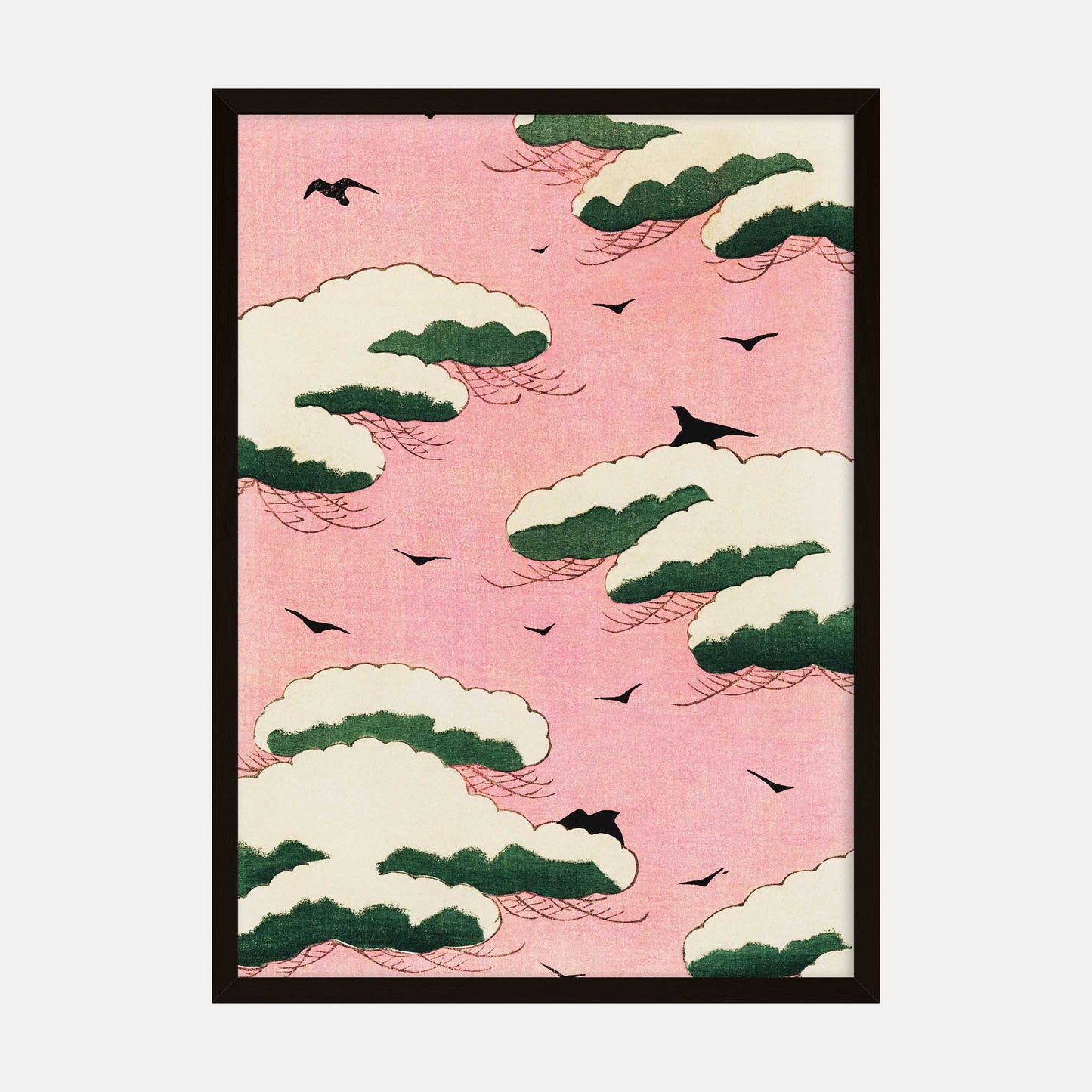 Vintage Japanese art print featuring a soft pink sky with clouds and birds, evoking a calm and serene atmosphere.