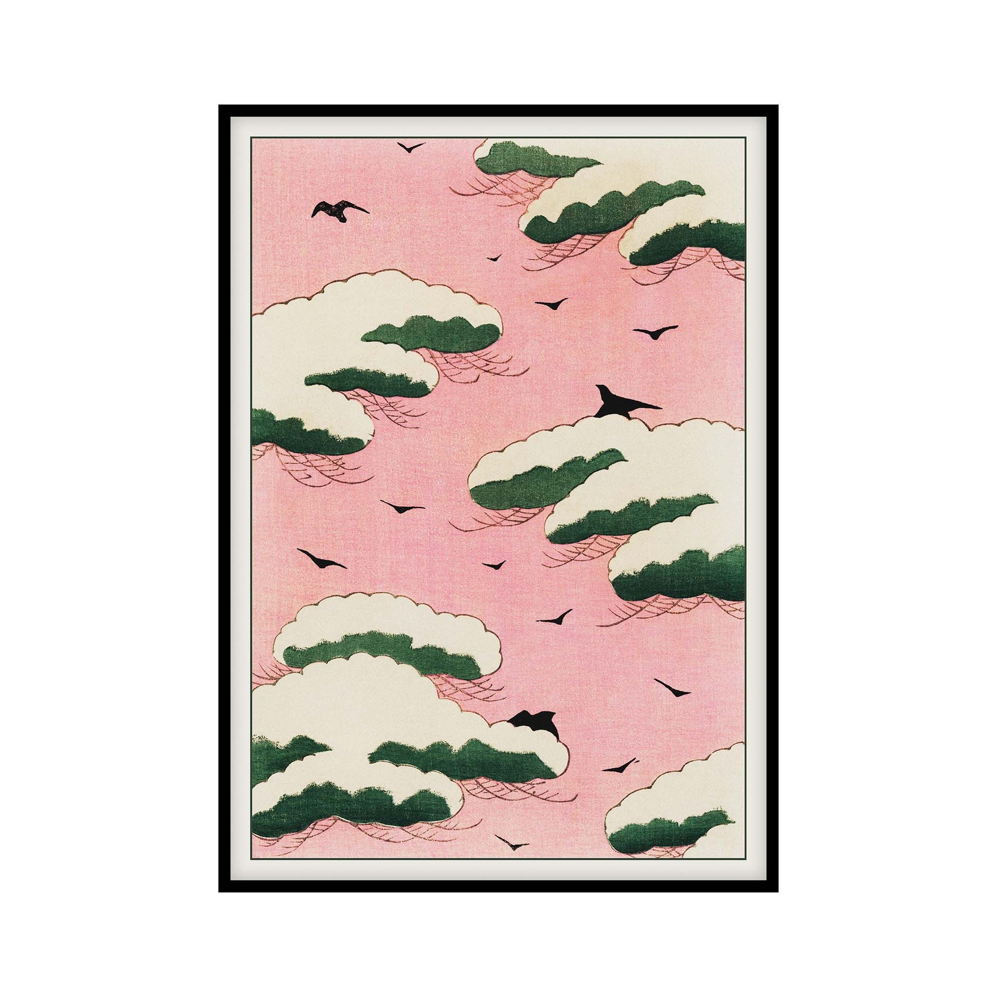 Poster with a serene pink sky illustration by Watanabe Seitei featuring green and white clouds and black birds, capturing the essence of traditional Japanese woodblock art in a vintage style poster.