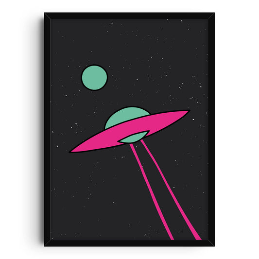 A minimalist poster featuring a pink UFO with neon beams against a dark starry sky, with a green planet in the background. The retro sci-fi design uses bold, modern colors, creating a playful and eye-catching space-themed art piece.