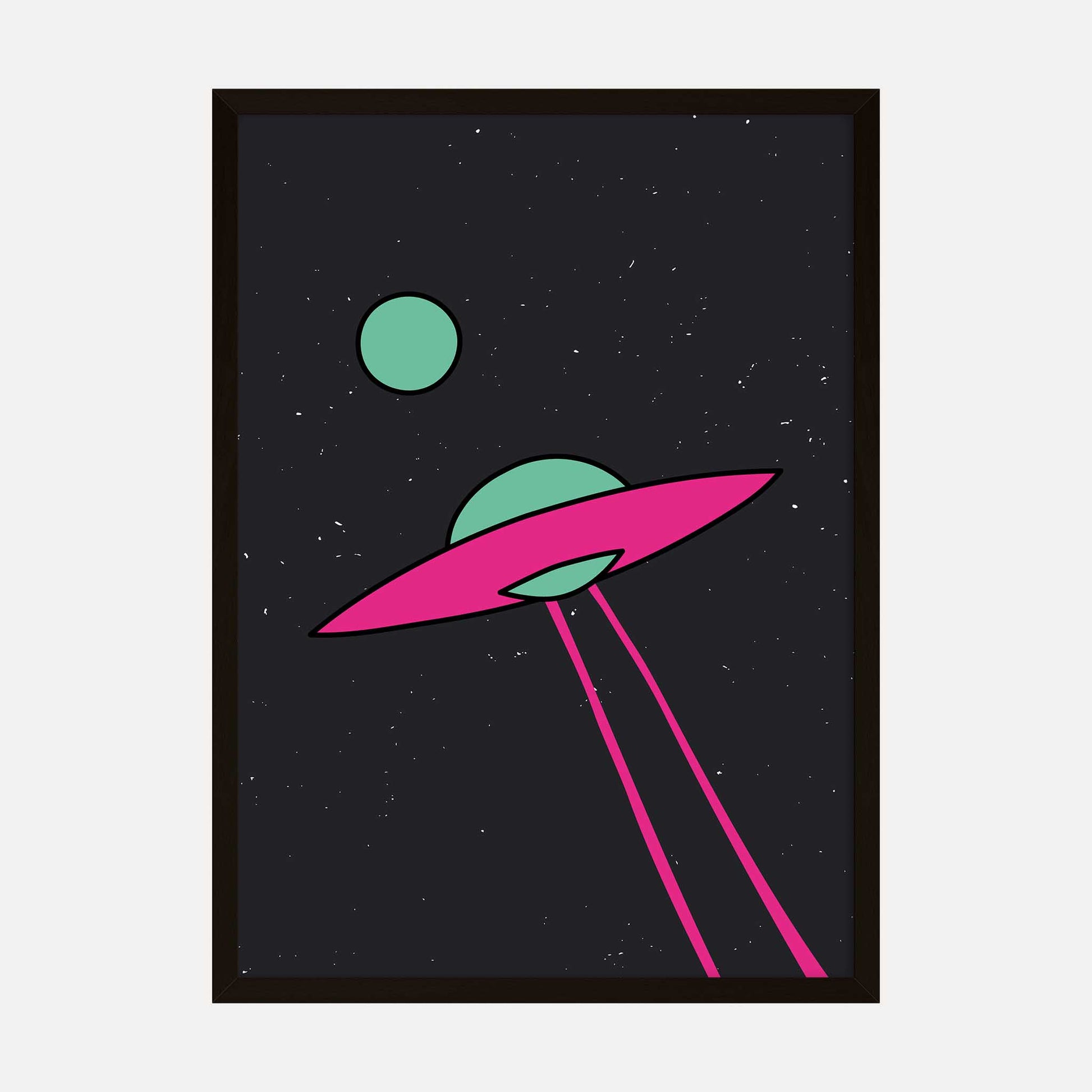 Retro-inspired pink UFO art print with green planets and starry background.