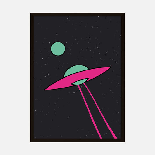 Retro-inspired pink UFO art print with green planets and starry background.