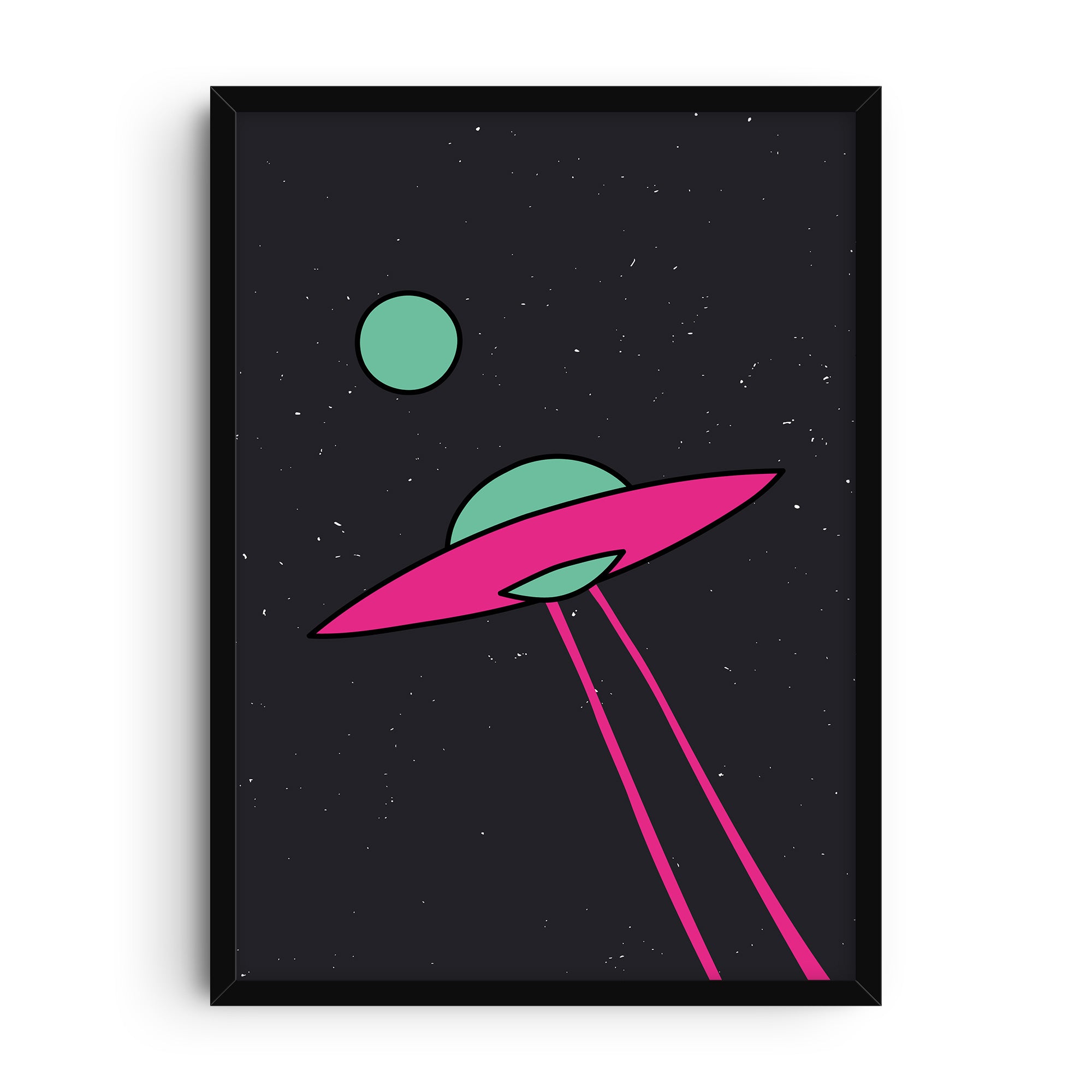 Art print featuring a retro pop-art style illustration of a pink UFO with mint green dome and beams in space against a dark starry background.