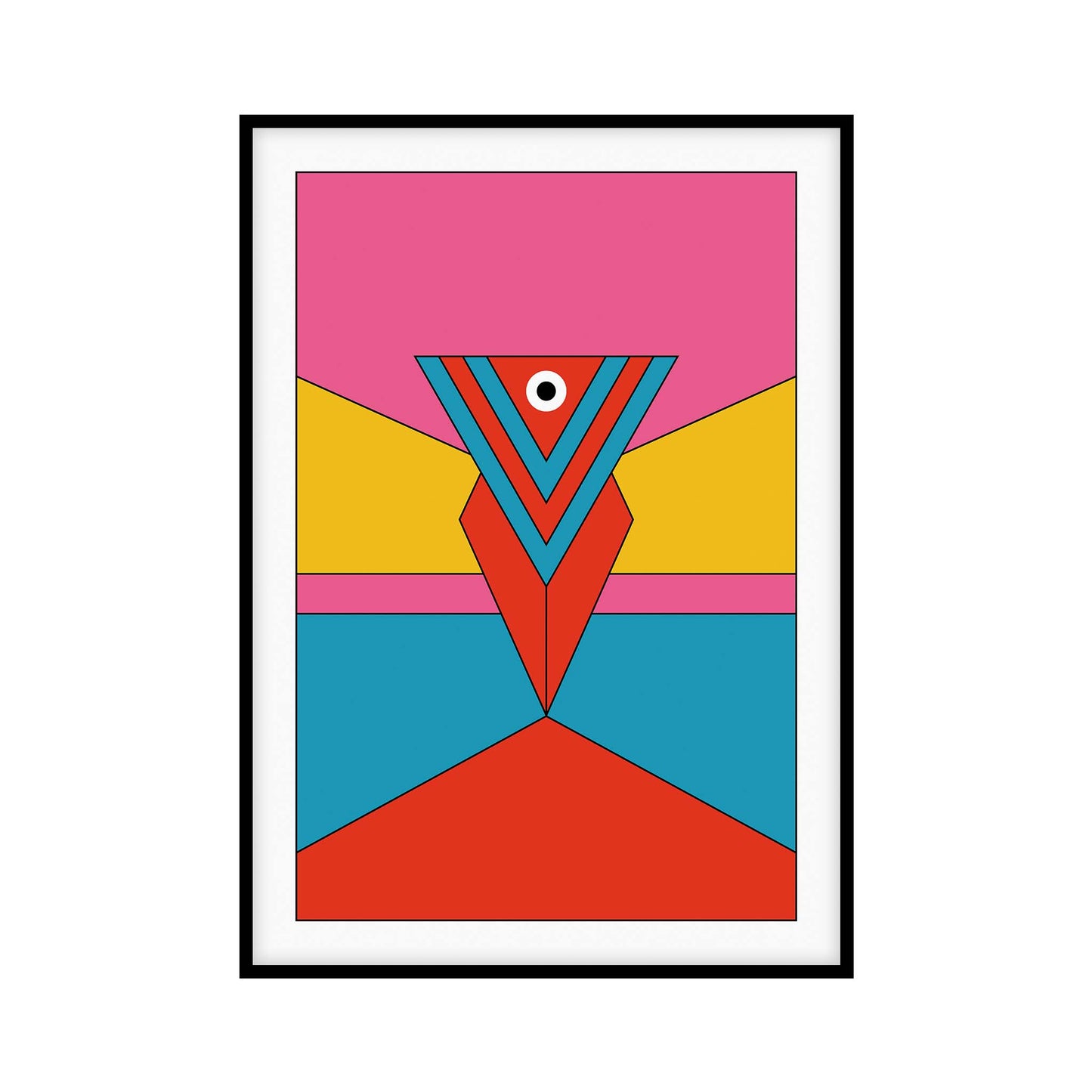 Minimalist abstract art poster featuring bold geometric shapes in vibrant colors including red, blue, yellow, and pink. The artwork is inspired by Pop Art and Mid-Century Modern styles, perfect for contemporary wall decor and apartment decoration.