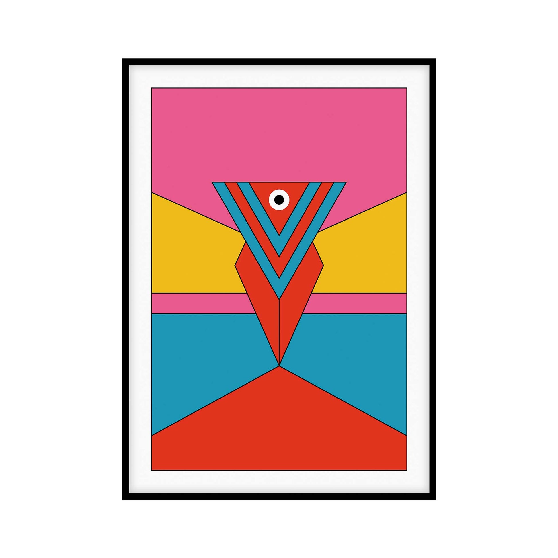 Minimalist abstract art poster featuring bold geometric shapes in vibrant colors including red, blue, yellow, and pink. The artwork is inspired by Pop Art and Mid-Century Modern styles, perfect for contemporary wall decor and apartment decoration.