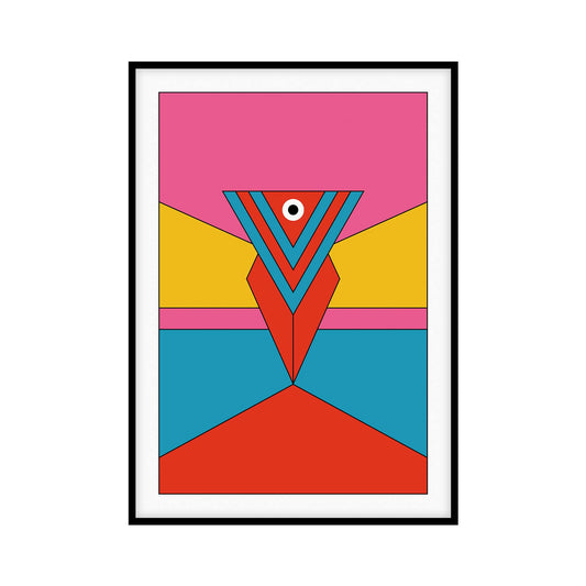 Minimalist abstract art poster featuring bold geometric shapes in vibrant colors including red, blue, yellow, and pink. The artwork is inspired by Pop Art and Mid-Century Modern styles, perfect for contemporary wall decor and apartment decoration.