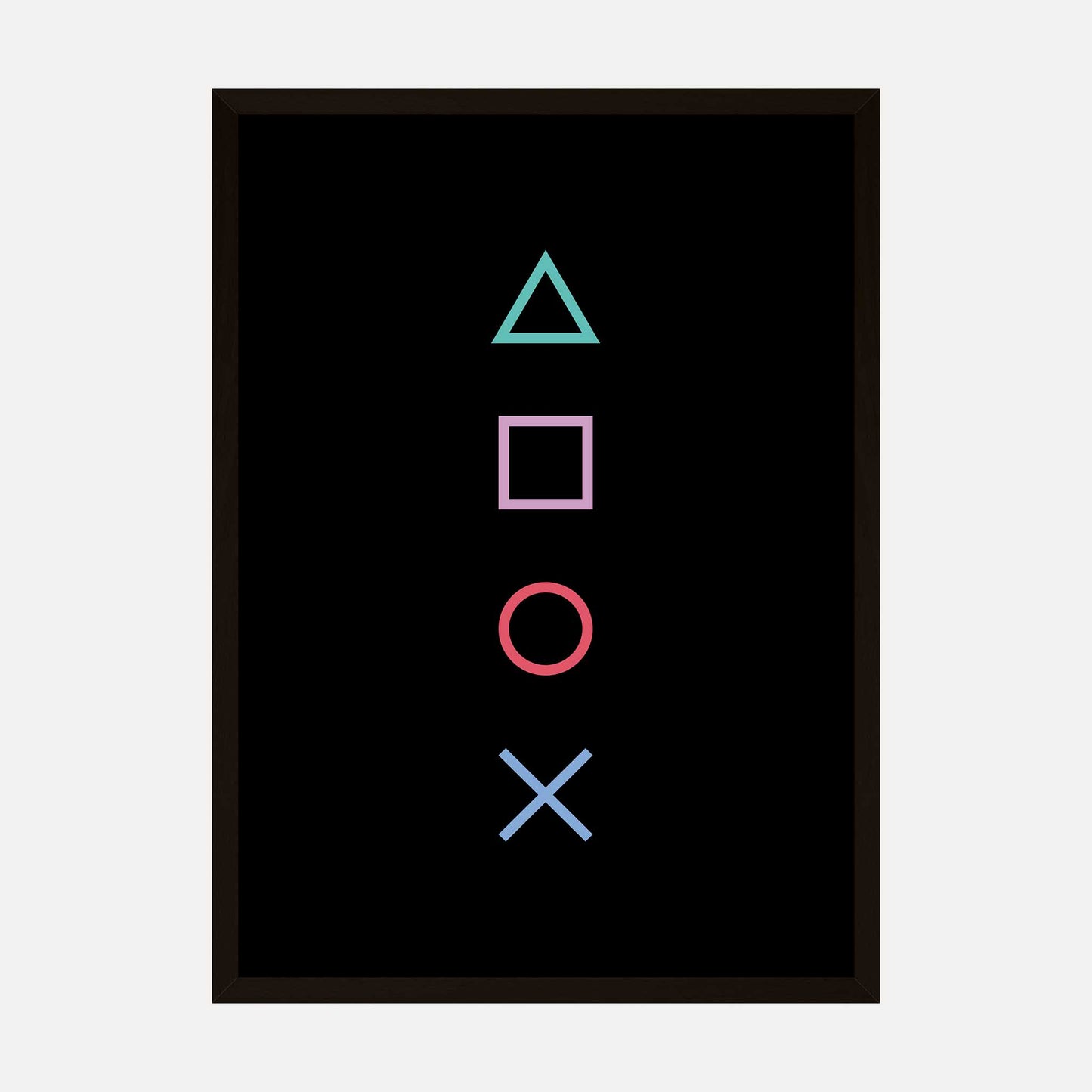 Minimalist wall art print featuring iconic gaming button symbols on a black background.