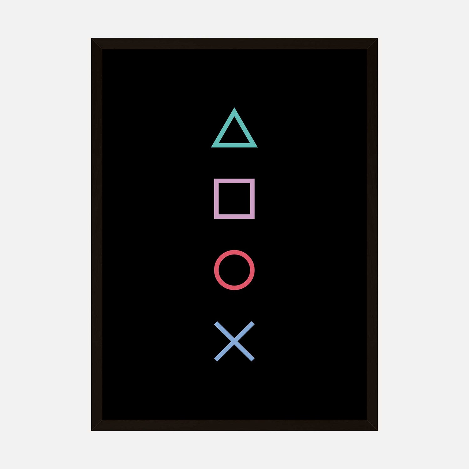 Minimalist wall art print featuring iconic gaming button symbols on a black background.