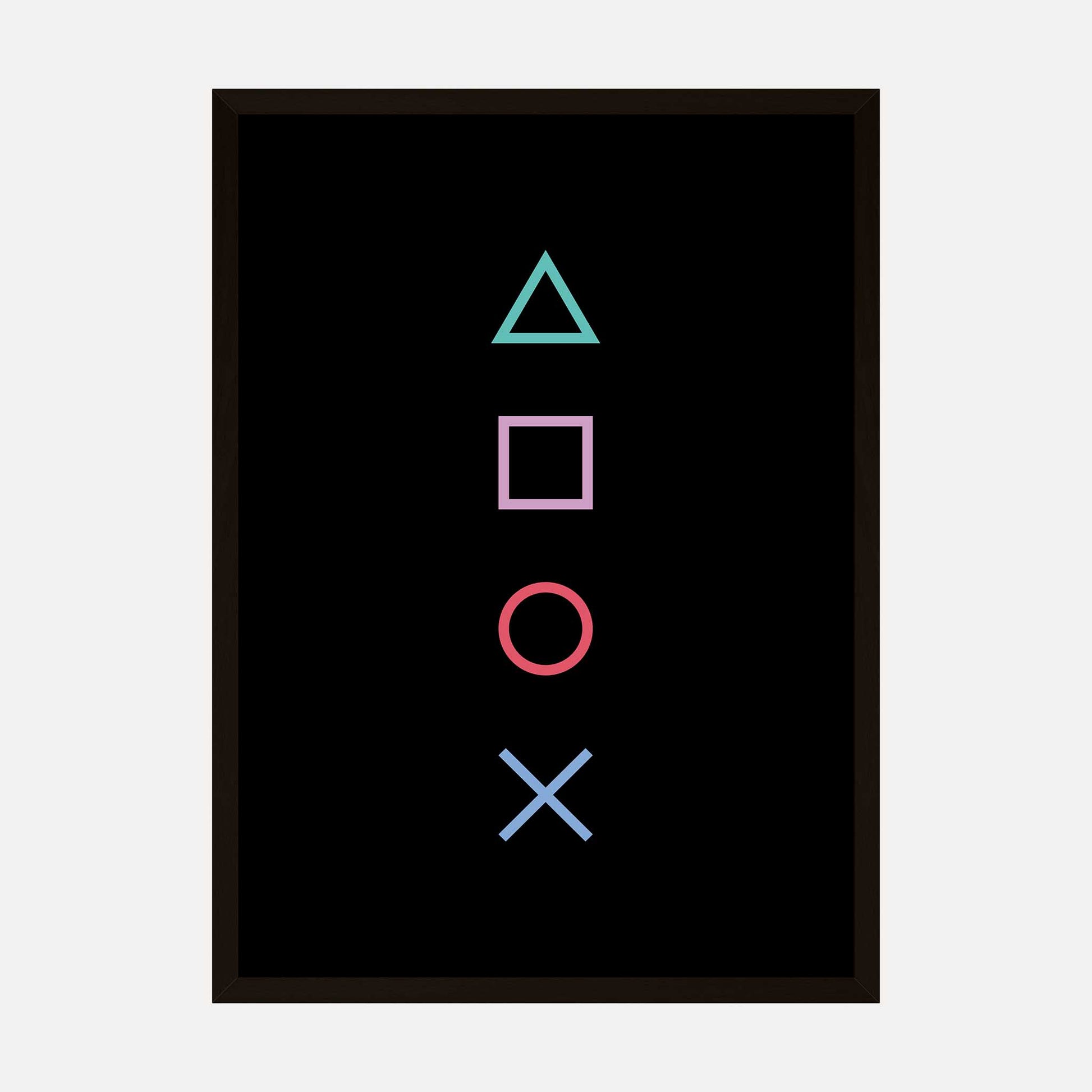 Minimalist wall art print featuring iconic gaming button symbols on a black background.