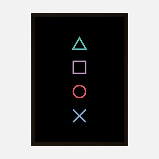 Minimalist wall art print featuring iconic gaming button symbols on a black background.