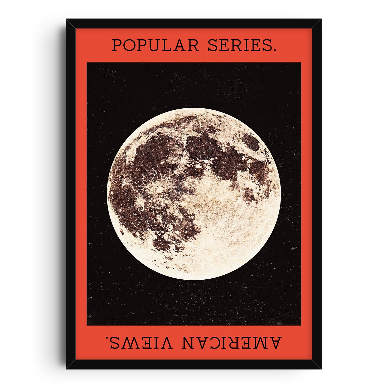 Vintage-inspired Moon Poster featuring a full moon against a bold red and black background. The lunar art print has a retro aesthetic, perfect for celestial decor and astronomy enthusiasts. Ideal for creating a unique and striking gallery wall.