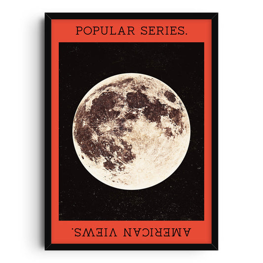 Vintage-inspired Moon Poster featuring a full moon against a bold red and black background. The lunar art print has a retro aesthetic, perfect for celestial decor and astronomy enthusiasts. Ideal for creating a unique and striking gallery wall.