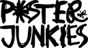 Posterjunkies logo in black graffiti-style lettering with starburst icon on clear background.
