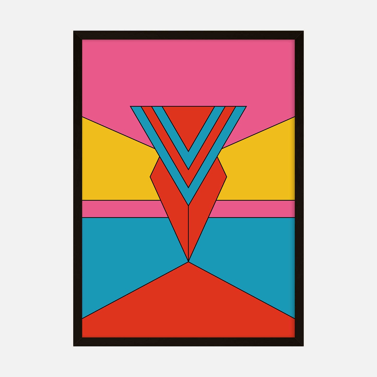 Vibrant geometric art print titled Prismatic Ascent, featuring bold shapes and a bright palette of pink, yellow, red, and blue.