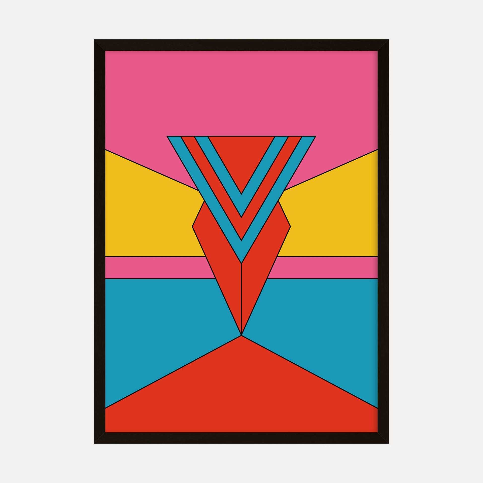 Vibrant geometric art print titled Prismatic Ascent, featuring bold shapes and a bright palette of pink, yellow, red, and blue.