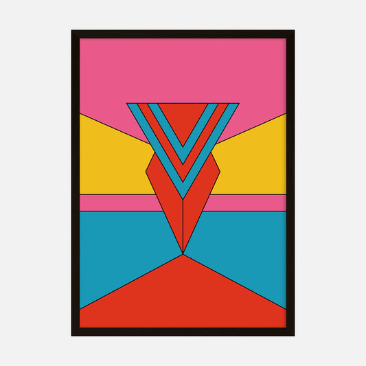 Vibrant geometric art print titled Prismatic Ascent, featuring bold shapes and a bright palette of pink, yellow, red, and blue.