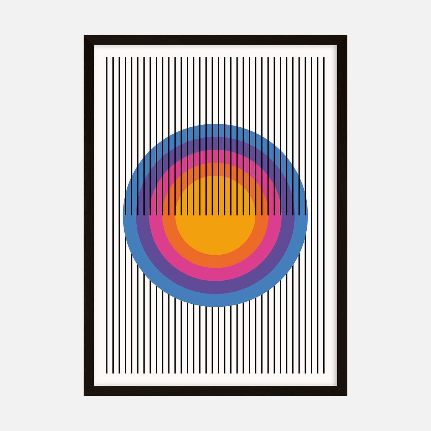 Abstract art print with vibrant concentric circles in orange, pink, and blue, intersected by black vertical lines.