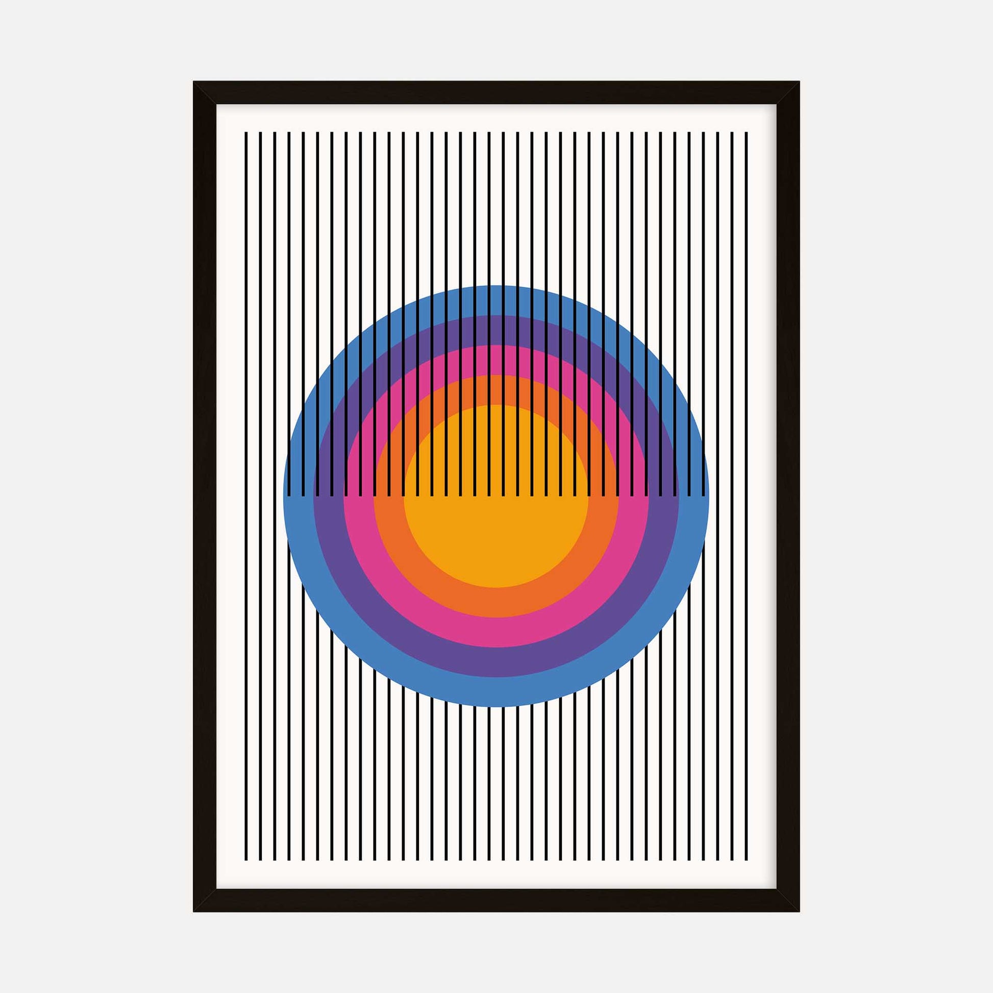 Abstract art print with vibrant concentric circles in orange, pink, and blue, intersected by black vertical lines.