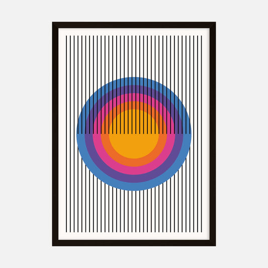 Abstract art print with vibrant concentric circles in orange, pink, and blue, intersected by black vertical lines.