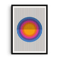 Abstract op art print with concentric circles in orange, pink, purple, and blue intersected by vertical black lines.
