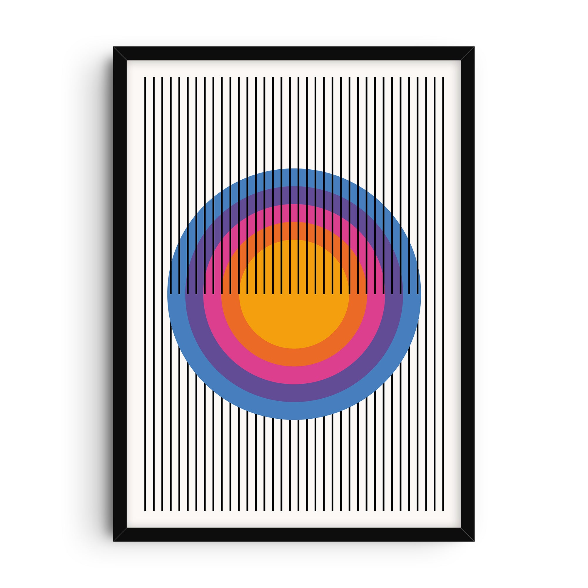 Abstract op art print with concentric circles in orange, pink, purple, and blue intersected by vertical black lines.